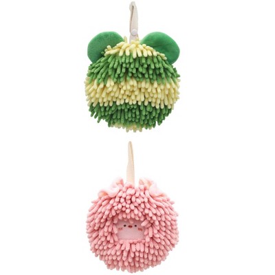 REGALWOVEN 2 Packs Chenille Fuzzy Cute Bear Shape Decorative Soft Absorbent Hanging Ball Hand Towels 7" x 7"