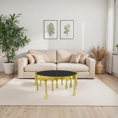 Royal Hampton Coffee Table | 36 Inch Round Glass Top | Melting Drip Design | Antique Gold