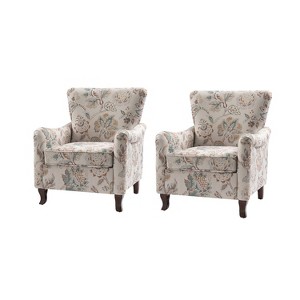 Set of 2 Vincent Wooden Upholstered Armchair with Fabric Pattern and Wingback Design for Bedroom| ARTFUL LIVING DESIGN - 1 of 4