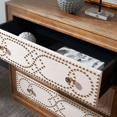 Rustic Oak and Beige Linen 3-Drawer Night Table