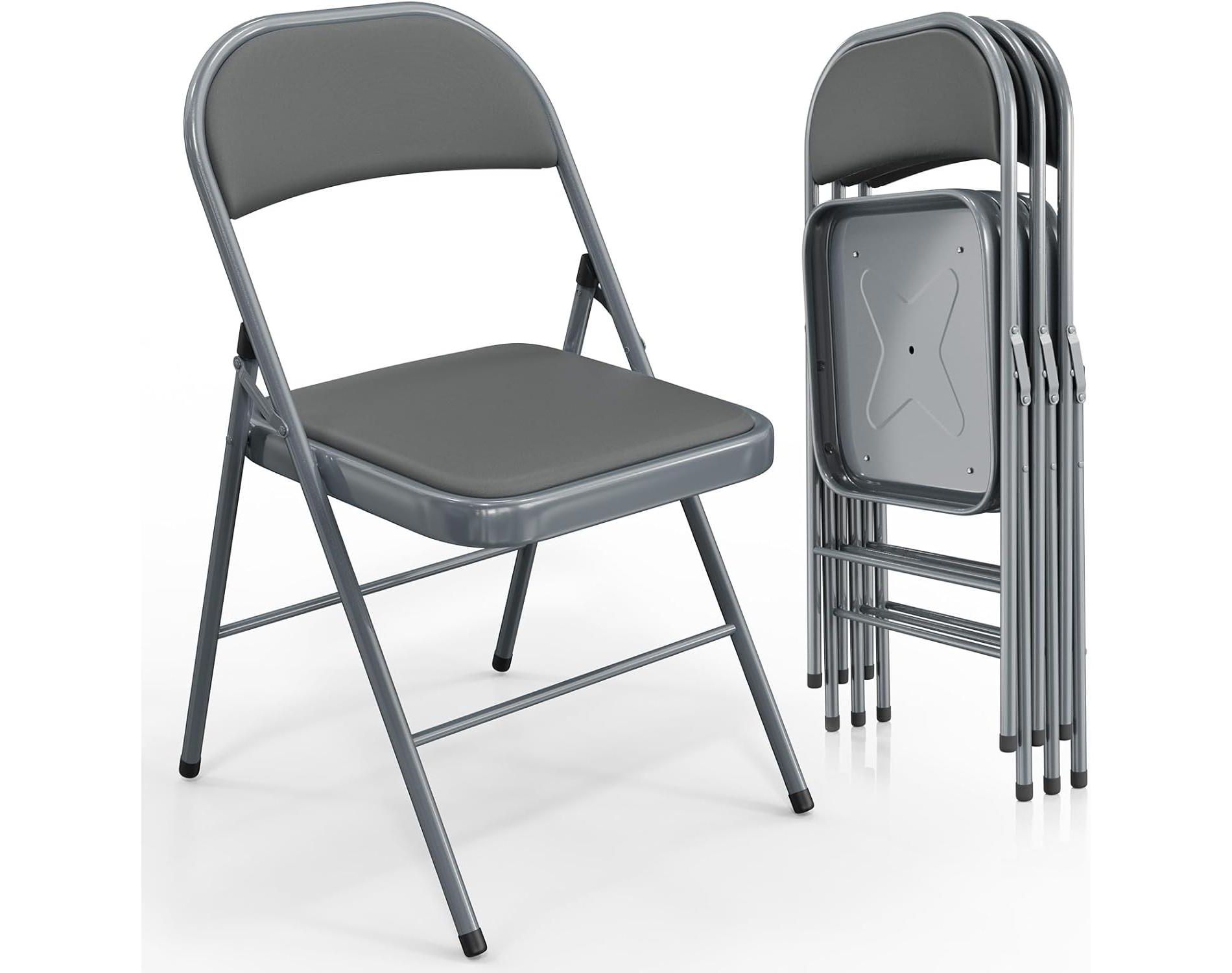 VINGLI 4 Pack Folding Chairs with Padded Seats, Metal Frame with Pu Leather Seat & Back, Capacity 350 lbs, Gray