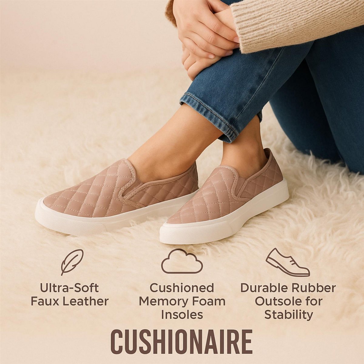 Женские кроссовки CUSHIONAIRE Faze Women’s Quilted Slip-On Sneaker – Faux Leather Casual Shoe with Memory Foam Insole & Rubber Outsole - Black 8.5 — фото 2