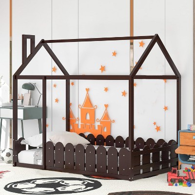 Wooden House Canopy Bed Frames with Guardrail Easy Assembly Wooden Slat Mattress House Platform Bed Floor Bed Frames for Boys Girls Bedroom Grey