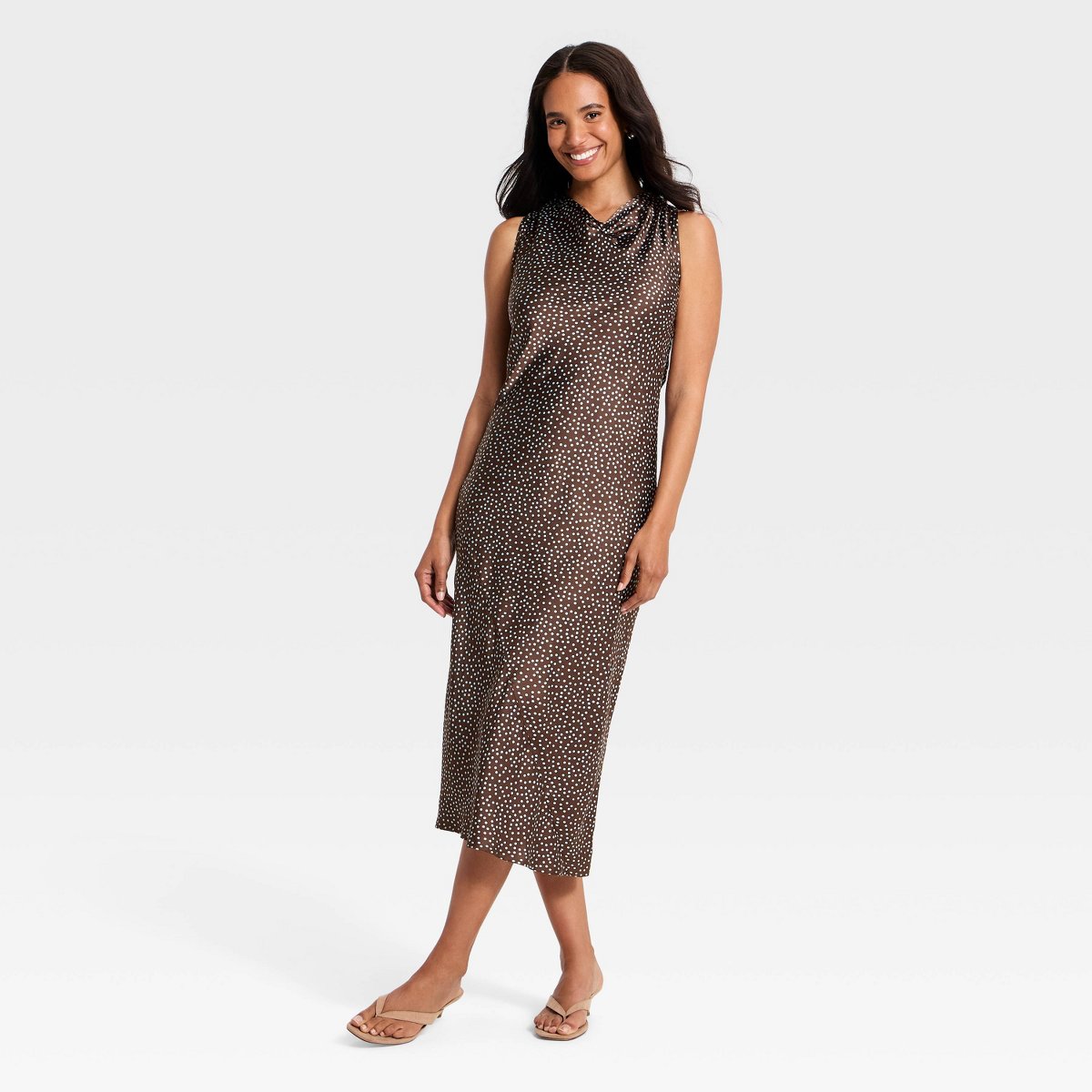 Женские платья A New Day Women's Cowl Neck Slip Midi Dress - A New Day™ Brown Polka Dots S — фото 3