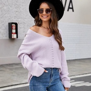 Womens V Neck Oversized Drop Shoulder Long Sleeve Relaxed Fit Pullover Sweater - 1 of 4