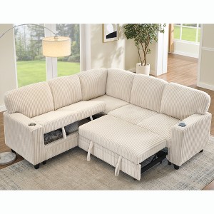 81" Corduroy Convertible L-Shaped Sleeper Sectional Sofa with Pull-Out Bed & Storage Seat, USB & Type-C Charging Ports, Cup Holders - 1 of 4