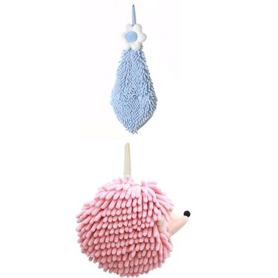 REGALWOVEN 2 Packs Chenille Hand Towel Flower and Cute Cartoon Hanging Hand Towel for Bathroom 6" x 15"/7" x 7"