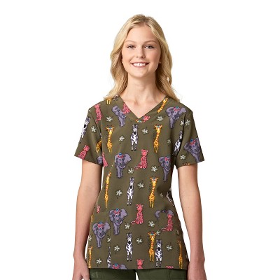 Wink Women's Stretch Poly V-neck Print Scrub Top, Safari Summer, S : Target