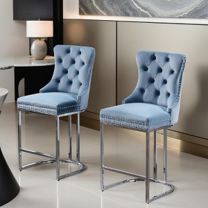 Counter Height Bar Stools Set of 2, Velvet Upholstered Barstools with Sturdy Metal Base Legs, Button Tufted and Nailheads Trim - Leovsnove - 1 of 4