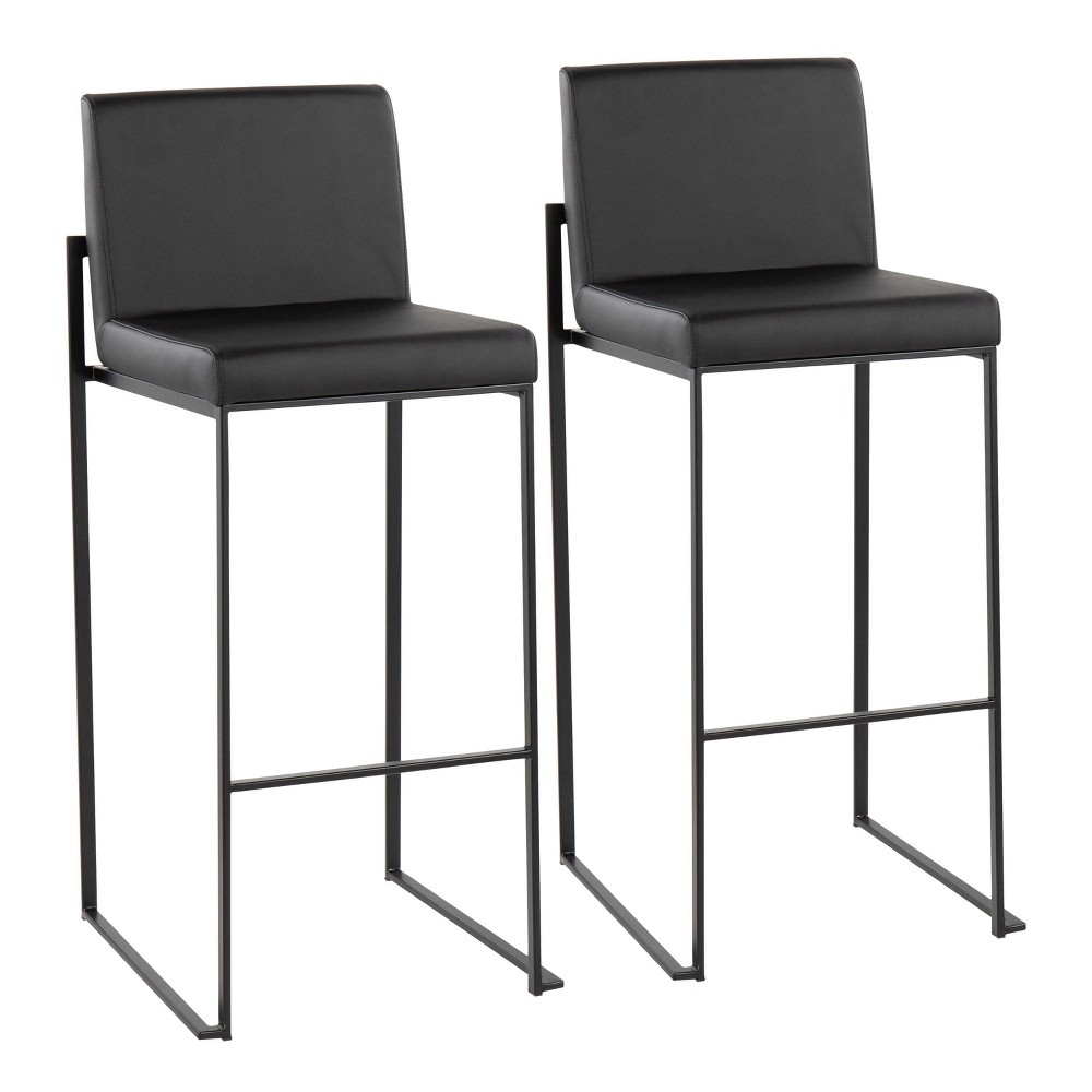 LumiSource Set of 2 FujiHB PU Leather/Steel Barstools Black: Kitchen Counter Stools, Fixed Height, Foam Padded