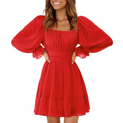 EXLURA Women's 2025 Casual Long Lantern Sleeve Dresses Square Neck Ruffle Tie Back Elastic Waist Aline Short Mini Dress