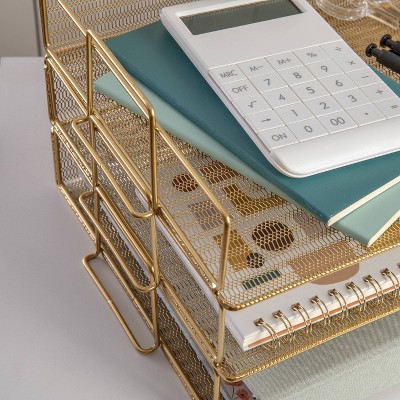 Gold 3-Tier Stackable Steel Mesh Letter Tray Organizer