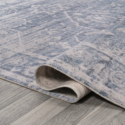 Blue and Light Gray Medallion Washable Synthetic 4' x 6' Rug