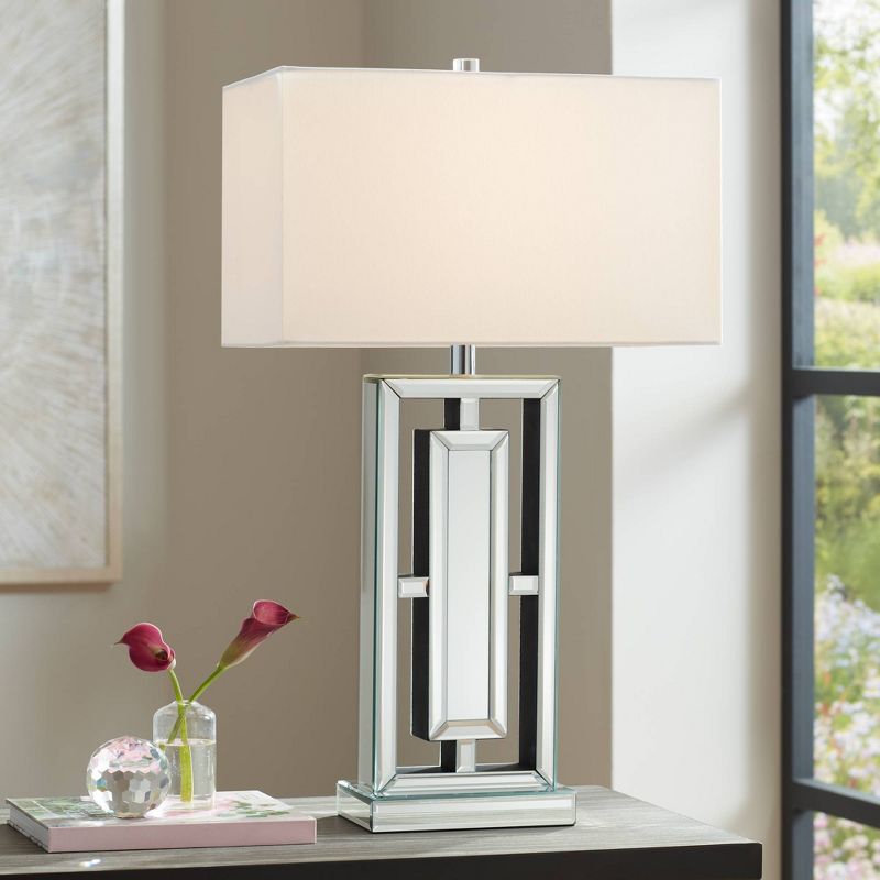 360 Lighting 29" Tall Rectangular Modern End Table Lamp Mirrored Glass Finish Metal Single Off-White Shade Living Room Bedroom Bedside Nightstand, 2 of 10