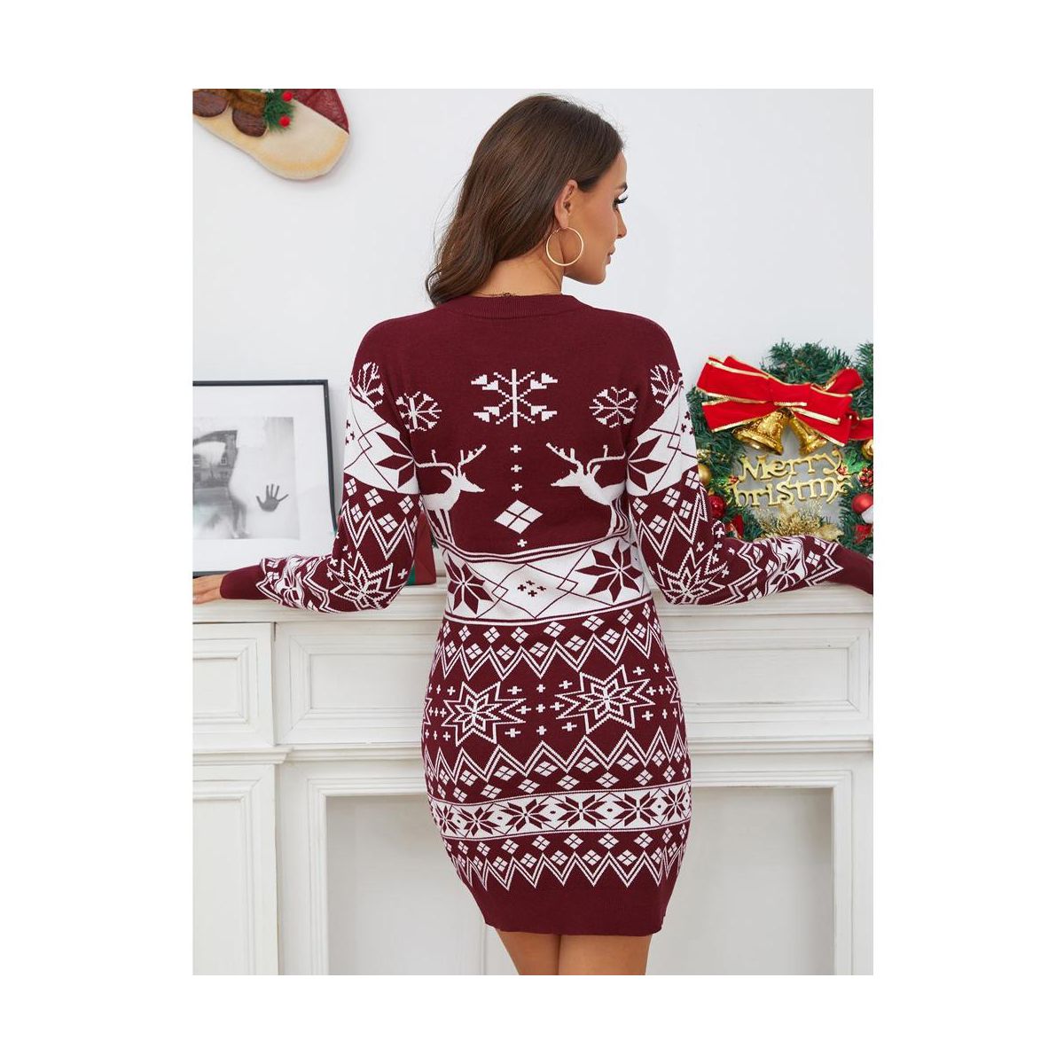 Women's Cute Ugly Christmas Sweater Dress Long Sleeve Crew Neck Pullover Reindeer Snowflakes Printed Holiday Mini Sweater Dress - thumbnail 9