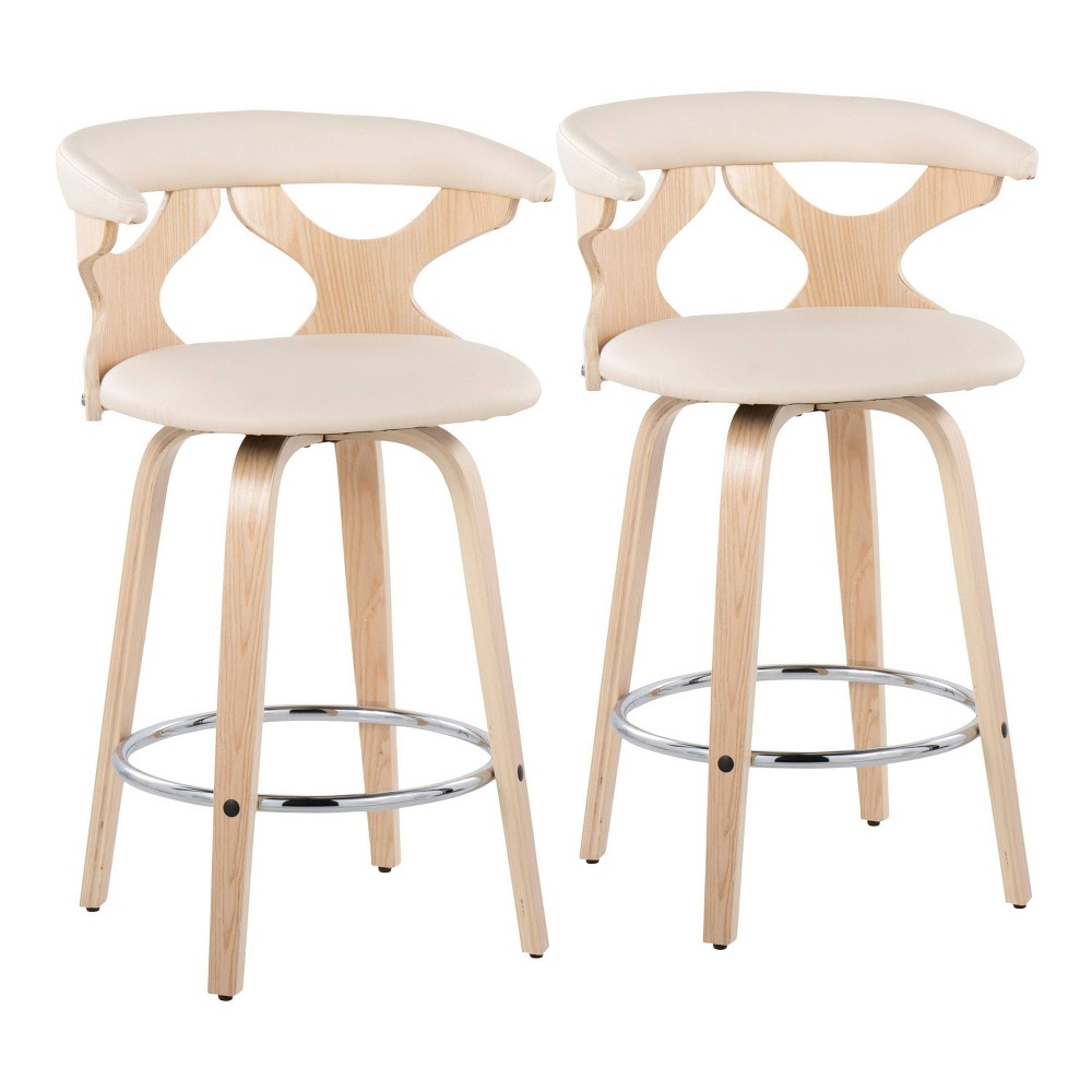 Set of 2 Gardenia Upholstered Counter Height Barstools Cream/Natural - Lumisource: Faux Leather, Wood Legs, Swivel, 250lbs Capacity
