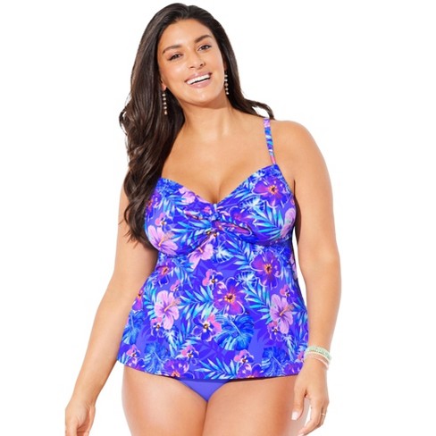Swimsuits For All Women's Plus Size Adjustable Relaxed Fit Tie Front  Underwire Tankini Top - 12, Electric Iris Hibiscus