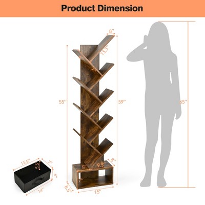 Costway 10-tier Tree Bookshelf with Drawer Free-standing Storage Bookcase Rustic Brown