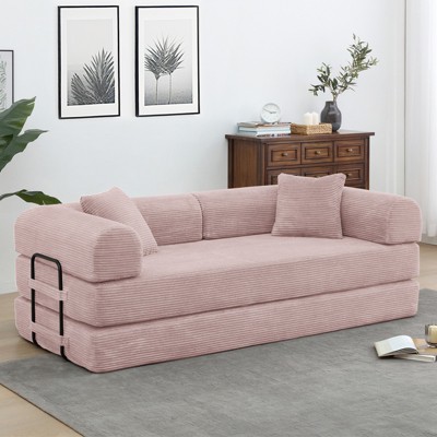 Dolonm Foldable Convertible Sofa Bed, Boneless Compression Mattress, Corduroy Sofa with Fixed Frame, Used for Living Room, Bedroom, and Office,Pink