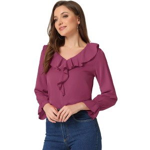 INSPIRE CHIC Women's Office Work Ruffle V Neck Long Sleeve Chiffon Peasant Blouse - 1 of 4