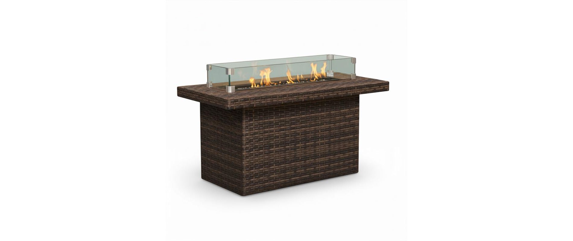 Covers & All 48 in L Rectangle Propane Fire Table, Aspen Wicker w / Windscreen & Glass