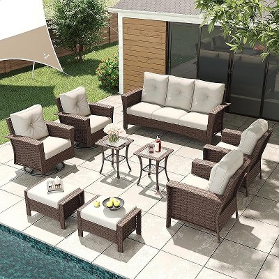 LayinSun Wicker Patio Furniture Set with Fire Pit Table, Classis Outdoor Conversation 360 Degree Swivel Chairs Set with Coffee Table