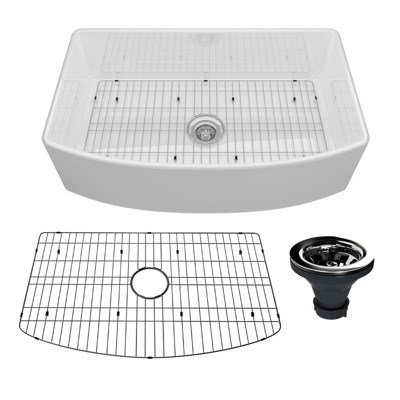 CASAINC 33'' Rectangular Curved Single Bowl Fireclay Farmhouse Apron Kitchen Sink with Grid and Drainer, Glossy White