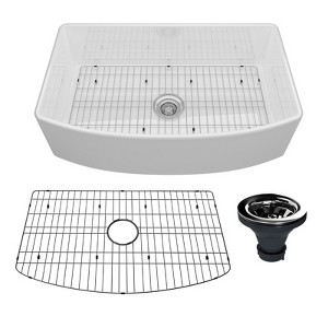 CASAINC 33'' Rectangular Curved Single Bowl Fireclay Farmhouse Apron Kitchen Sink with Grid and Drainer, Glossy White - 1 of 4