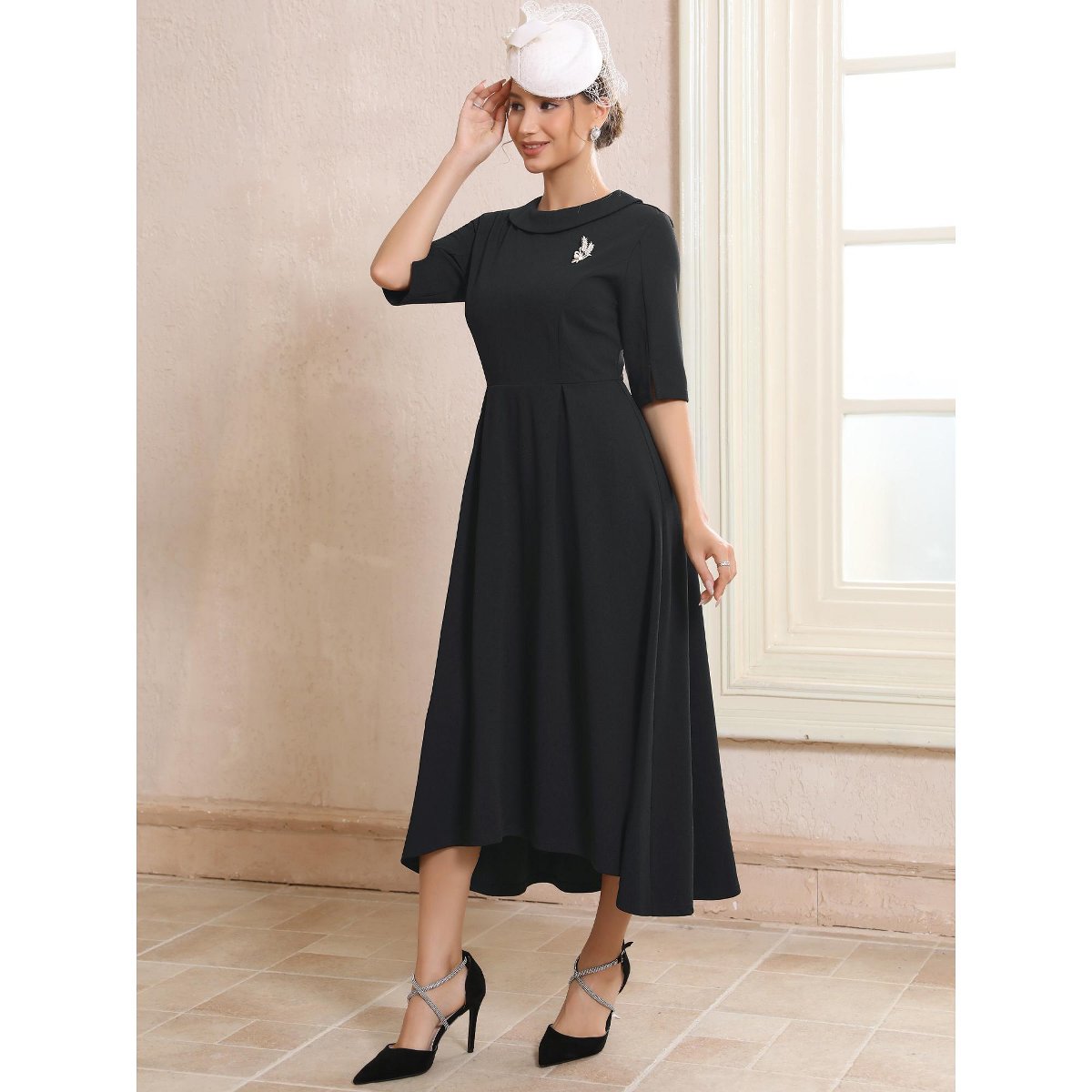Женские платья INSPIRE CHIC Women's Vintage Collared Half Sleeve Church Evening Formal A-Line Dresses X-Large Black — фото 2