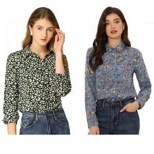 INSPIRE CHIC Women's Point Collar Long Button Sleeve Button Down Floral Shirt 2 Packs - 1 of 4