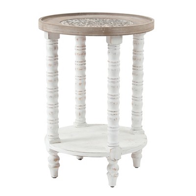 LuxenHome 26" Rustic Round Side Table with Storage, 2-Tier Distressed White and Natural Wood Farmhouse Accent End Table for Living Room Off-White