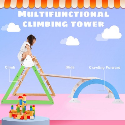 YOOCOZZ Wooden Climbing Triangle Toys - Indoor Arc Climber with Ramp, Arch Rocker (Reversible) - Natural Wood