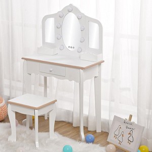 Coucheta Kids Vanity Set with Lights - Princess Makeup Table with Tri-Fold Mirror, Drawer & Stool for Ages 3-9 (Pink/White) - 1 of 4