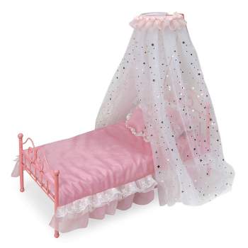 Starlights LED Canopy Metal Doll Bed with Bedding - Pink