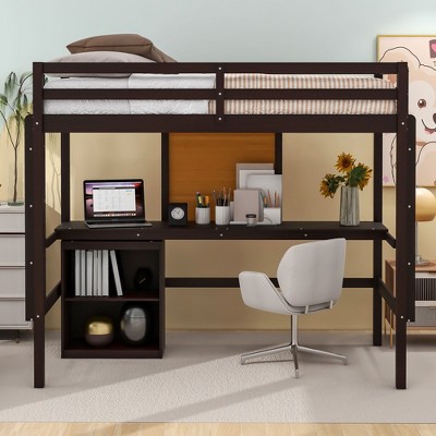 NicBex Twin Size Bunk Bed with Desk Loft Bed Pine Frame Bed Frame with Writing Board, Lockers, Guardrails and Ladder, No Box Spring Required