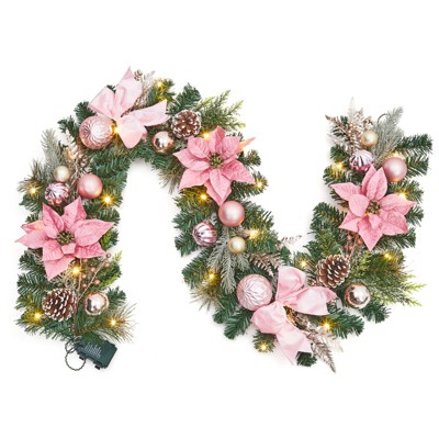 COZONY 6ft Prelit Christmas Garland with Timer, 20 LED Lights with Ball Ornaments & Bows, Pink Xmas Garland for Fireplace Stairs Railing