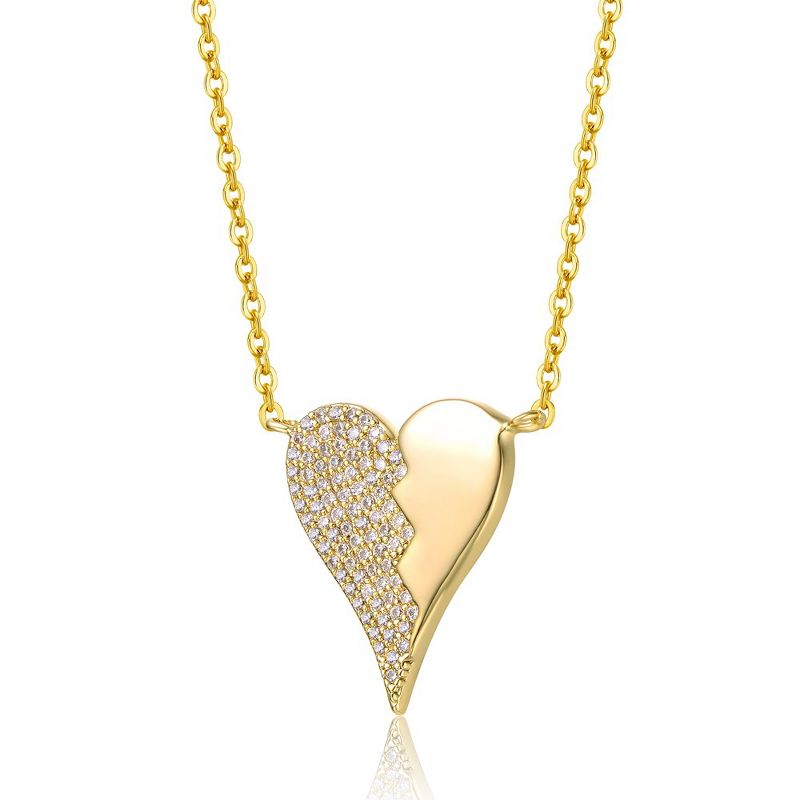 14k Yellow Gold Plated with Cubic Zirconia Broken Cracked Zig-Zag Half & Half Stolen Heart Pendant Necklace, 2 of 4