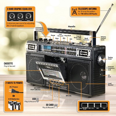 Retro Black Cassette Bluetooth Boombox with USB Recording
