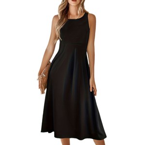 chinese dress ladies Crew Neck Sleeveless Tie Waist A-Line Pleated Dress, Royal Blue / Xs