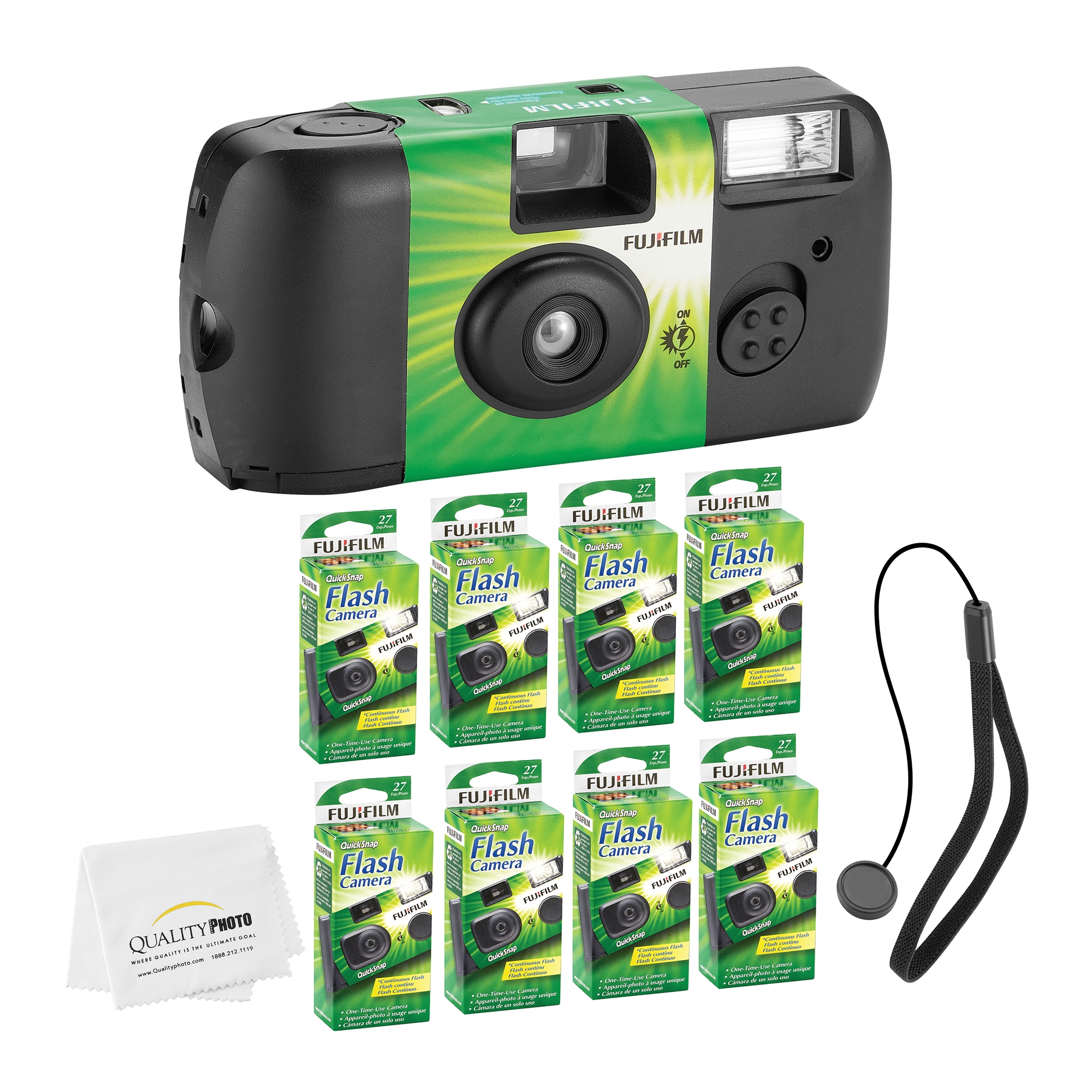 Fujifilm QuickSnap Flash 400 Disposable 35mm Camera (8 Pack) Bonus Hand Strap + Quality Photo Microfiber Cloth