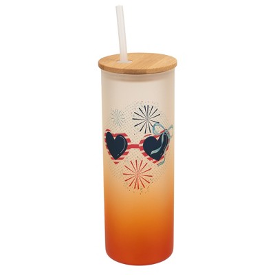 Elanze Designs 25 Ounce Frosted Glass Gradient Travel Tumbler With Straw and Wooden Lid, Patriotic Sunglasses Orange