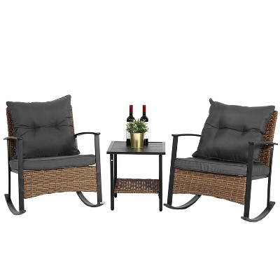 KTMBDW 3 Piece Rocking Bistro Set Wicker Patio Outdoor Furniture Porch Chairs Conversation Sets with Rattan Coffee Table