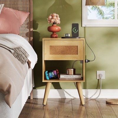 GALAXHERO Rattan Nightstand with Charger Station, Small Drawer Storage Shelf Mid-Century Side Table for Bedroom, Compact Size
