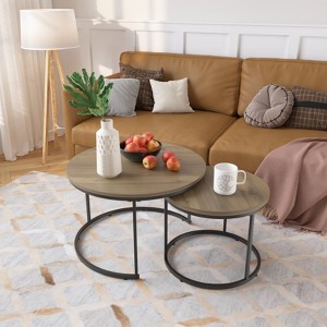 Nesting Coffee Table Set of 2, 27.6inch Round Coffee Table Wood Marble Pattern Top with Sturdy Metal Frame, End Table Side Tables - 1 of 4