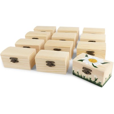 Unfinished Wood Treasure Chest Boxes - Small Wooden Jewelry Boxes with Locking Clasp, 12 Pack