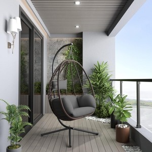 ALAULM Egg Swing Chair Indoor Outdoor Patio Wicker Rattan Hanging Egg Chair with Stand, Hammock Swing with Cushioned Headrest, 350LB Capacity - 1 of 4