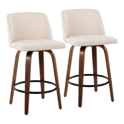 26" 360° Swivel Counter Stools with Wood Legs, Padded Upholstered Seat, and Round Footrest (Set of 2)