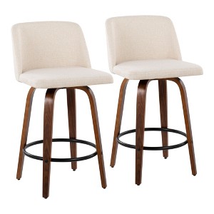 26" 360° Swivel Counter Stools with Wood Legs, Padded Upholstered Seat, and Round Footrest (Set of 2) - 1 of 4