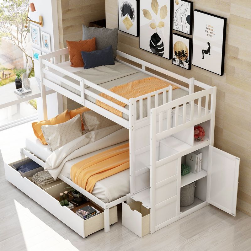 Convertible Twin over Full/Twin Bunk Bed with Storage Shelves and Drawers-ModernLuxe, 3 of 12