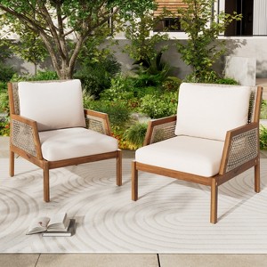 Acacia Wood Outdoor Wicker Club Chair, Woven Accent Chair Armchair with Cushions, Patio Lounge Chair for Porch, Garden & Balcony, Brown - ModernLuxe - 1 of 4